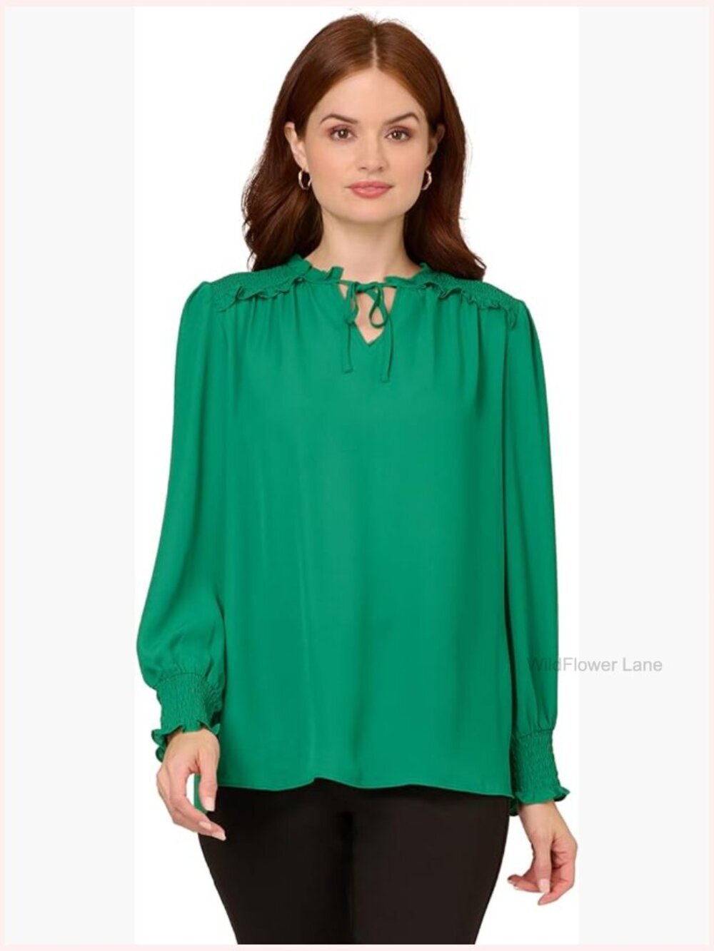 Long Sleeve Peasant Blouse with Ruffle Tie Neck
